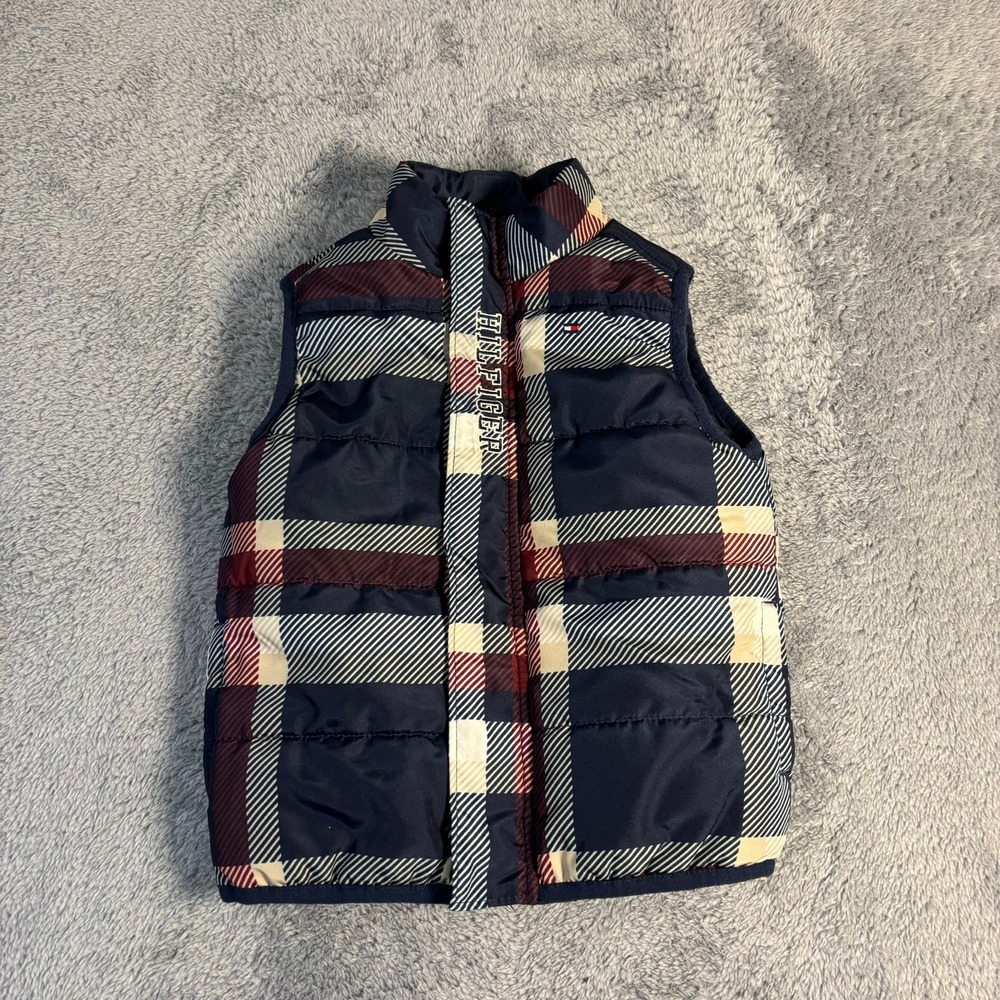 Tommy Hilfiger Toddler Boys Plaid Puffer Vest Navy Red White 24M Sleeveless